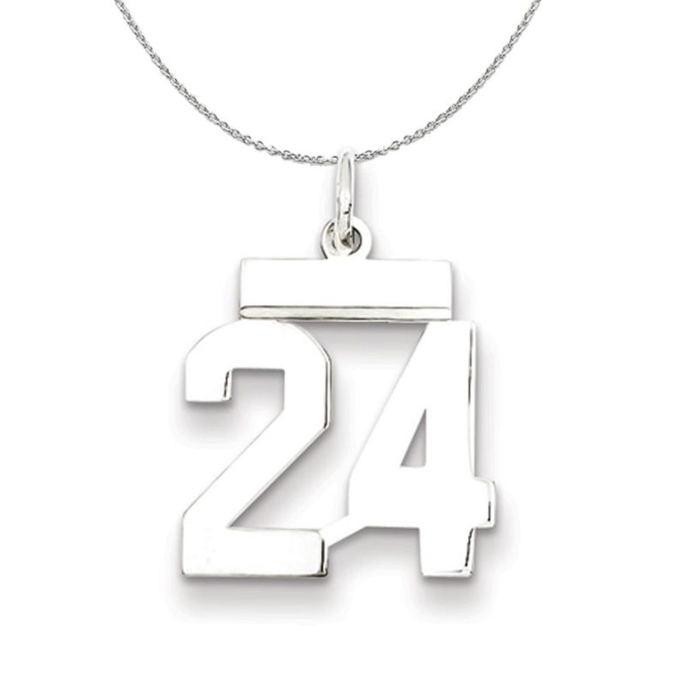 Silver, Athletic Collection Medium Polished Number 24 Necklace - 16 In